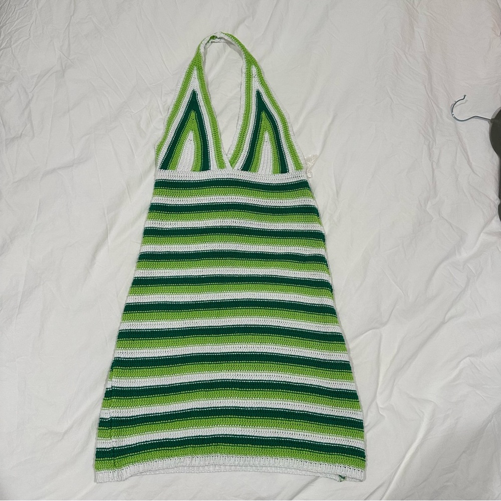 STAUD Green and White Striped Crochet Halter Mini Dress
